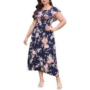 Plus Size Maxi Dress Floral Off Shoulder Empire Waist Casual Church